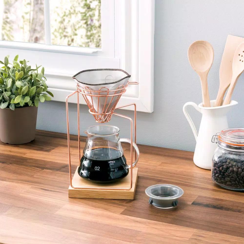 Old Dutch 20oz Stainless Steel Rose Gold Pour Over Coffee Maker Set with Glass Carafe and Rubberwood Base