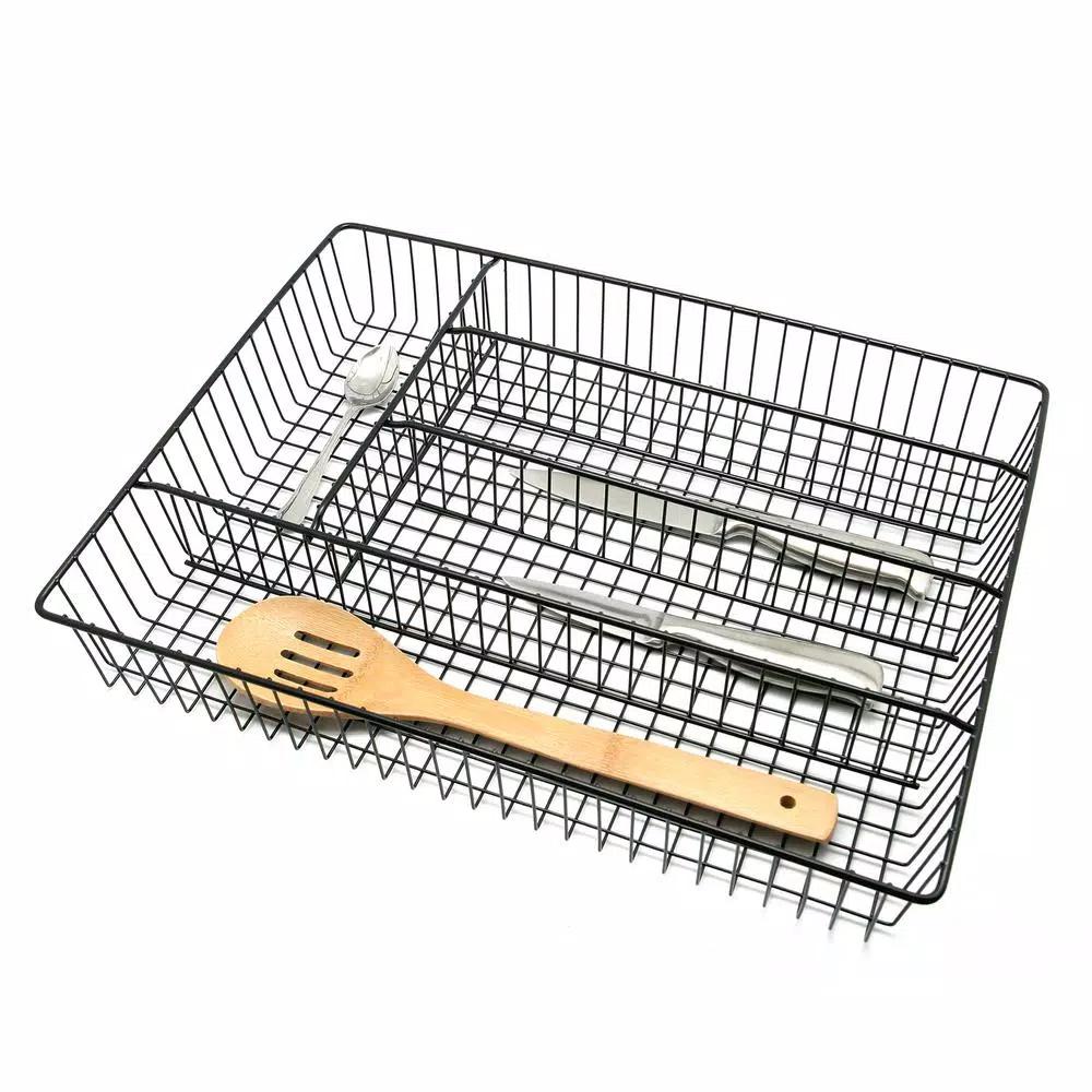 Creative Home Black Powder Coated Iron 5-Compartment Cutlery Tray & Utensil Organizer, Large