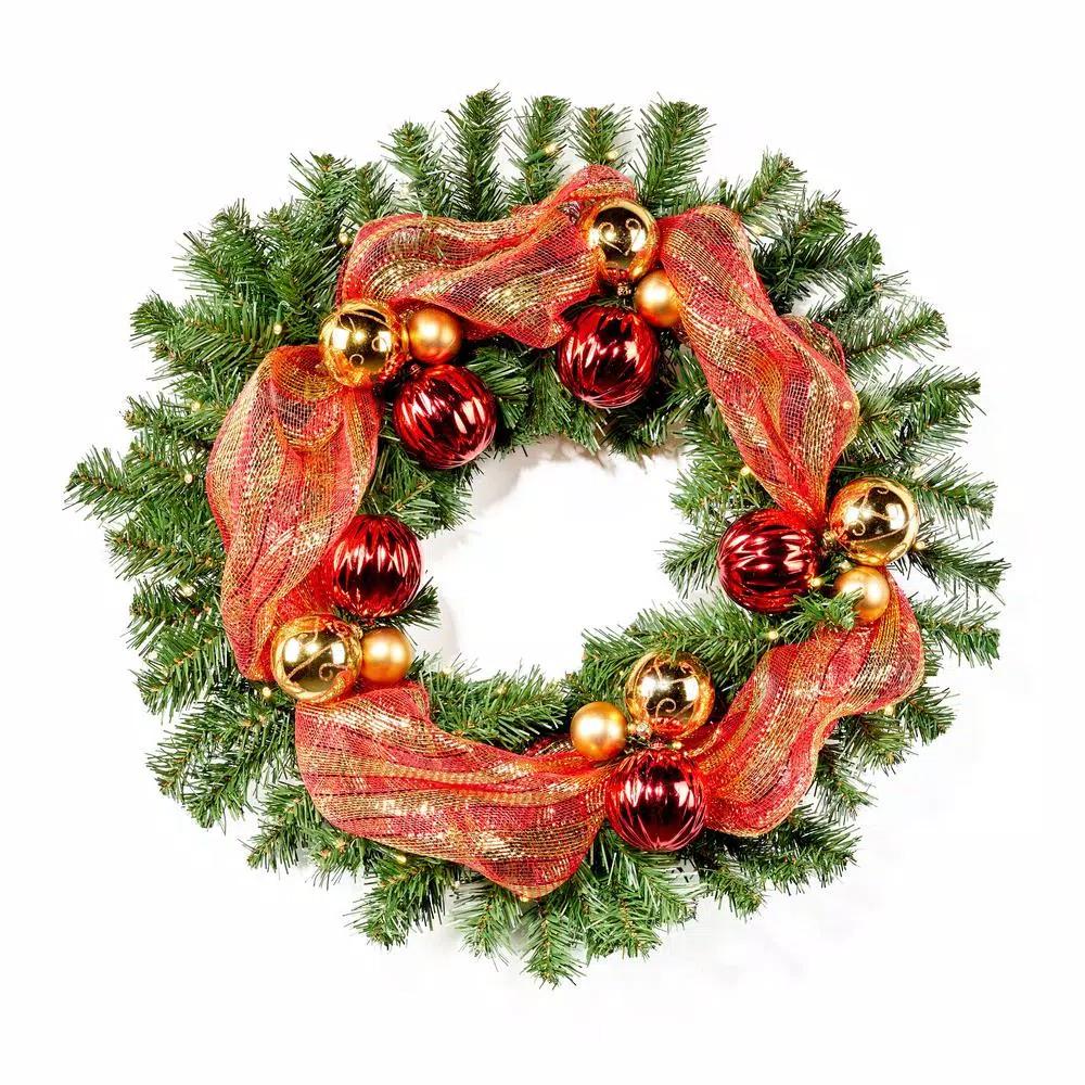 Noble House 24 in. Pre-Lit Noble Fir Artificial Christmas Wreath with Red and Gold Ornaments