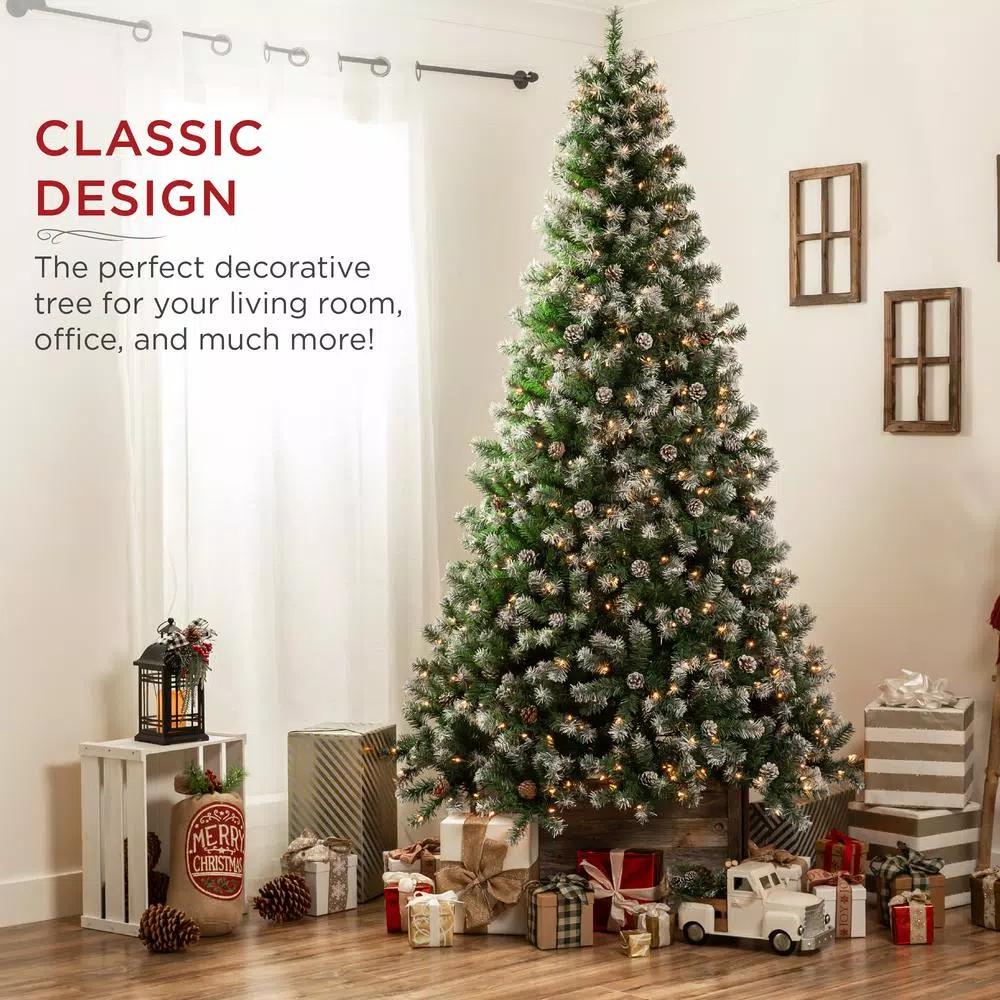 Best Choice Products 9 ft. Pre-Lit Flocked Artificial Christmas Tree with 850 Warm White Lights and Pinecones