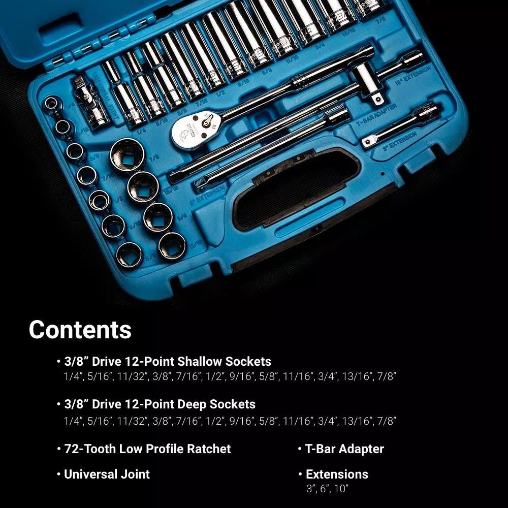 Capri Tools 3/8 in. Drive 12-Point SAE Socket Set with Ratchet, Extensions and Adapters, 27-Piece