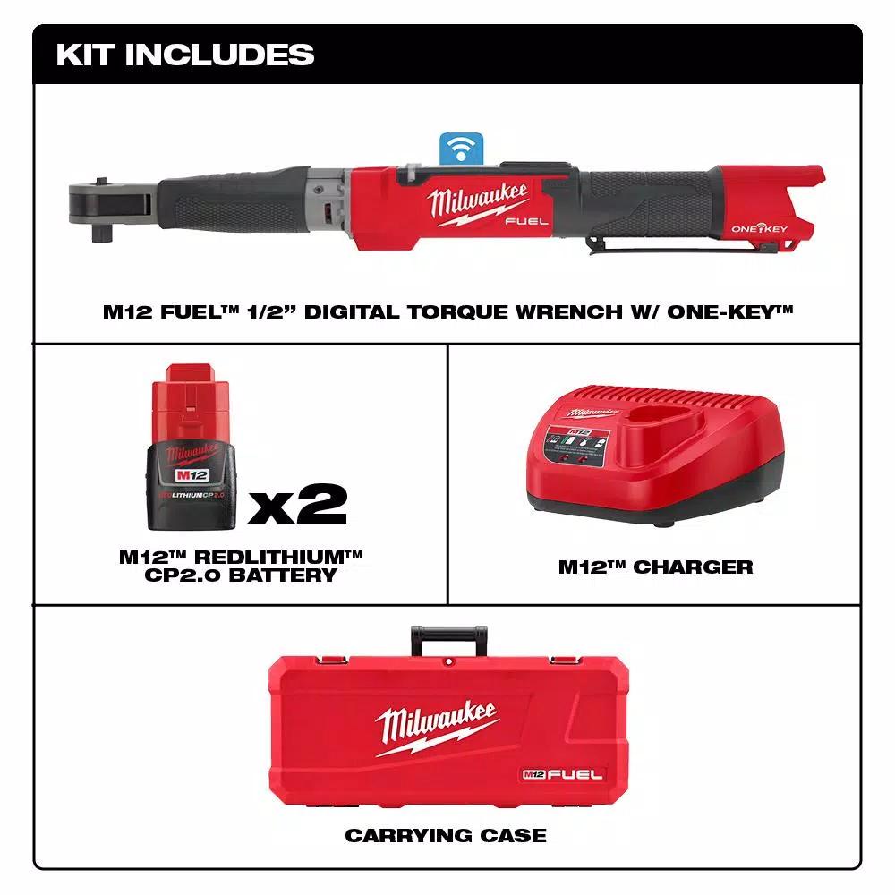 Milwaukee M12 FUEL 1/2 in. Digital Torque Wrench Kit with ONE-KEY, Two 2.0 Ah Batteries & Charger