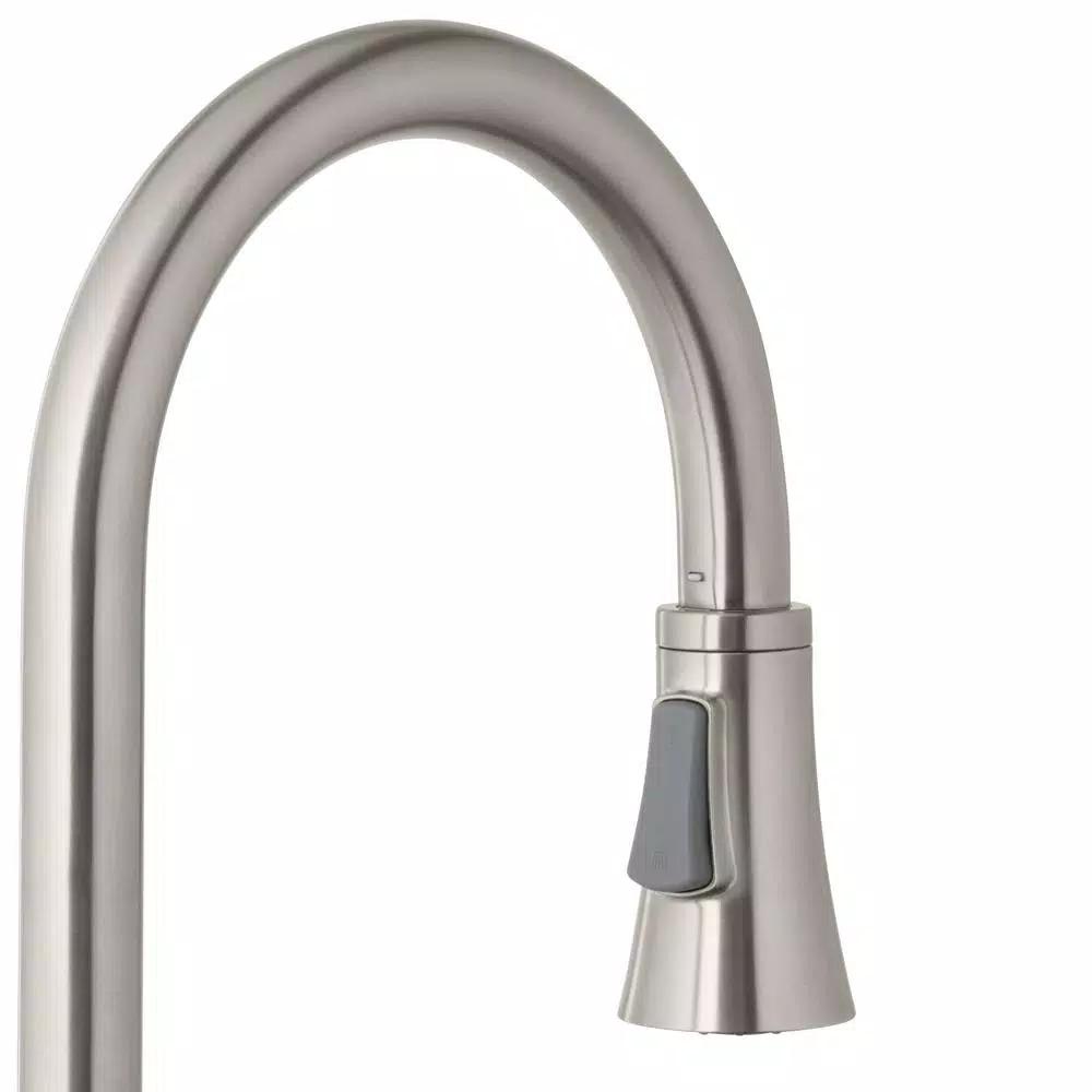 Glacier Bay Selma 2-Handle Bridge Kitchen Faucet with Pull-Down Sprayer and Soap Dispenser, Stainless Steel