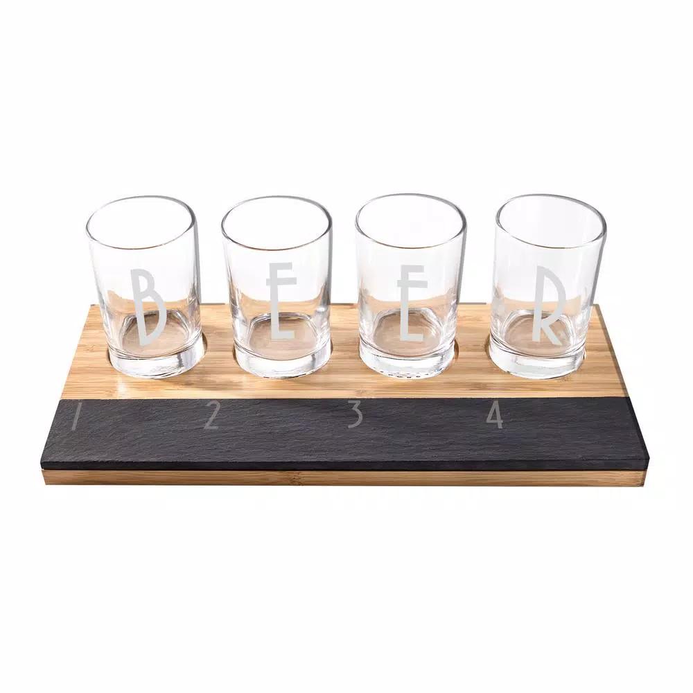 Cathy's Concepts Bamboo and Slate Craft Beer Tasting Flight Set with 4 Engraved 5.5 oz. Taster Glasses