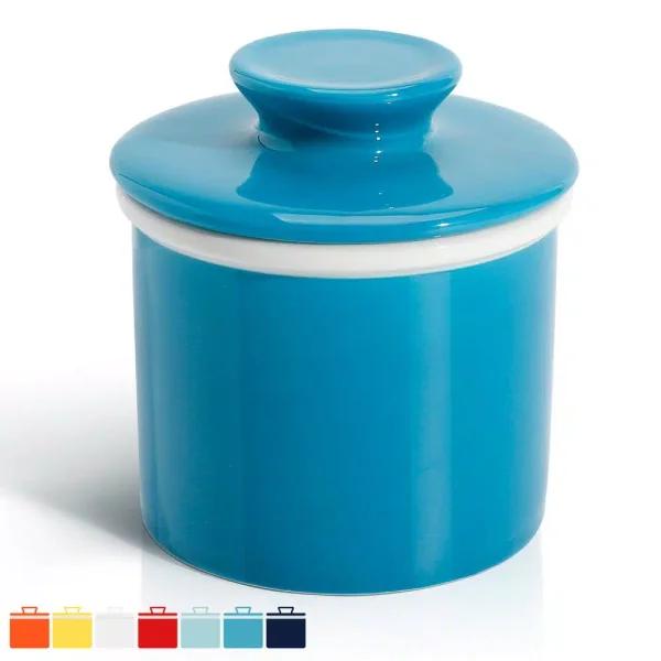 Sweese French Butter Crock - Porcelain Butter Keeper Dish, Steel Blue
