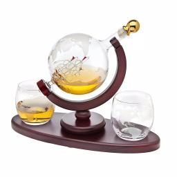 Godinger Globe Crystal Whiskey Decanter and 2-Piece DOF Glass Set with Mahogany Stained Tray thumbnail 4