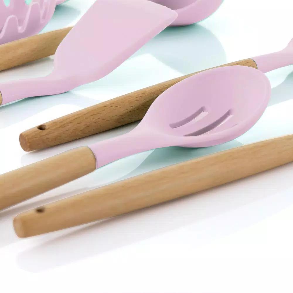 MegaChef 9-Piece Pink Silicone and Wood Kitchen Utensil Set with Ceramic Holder