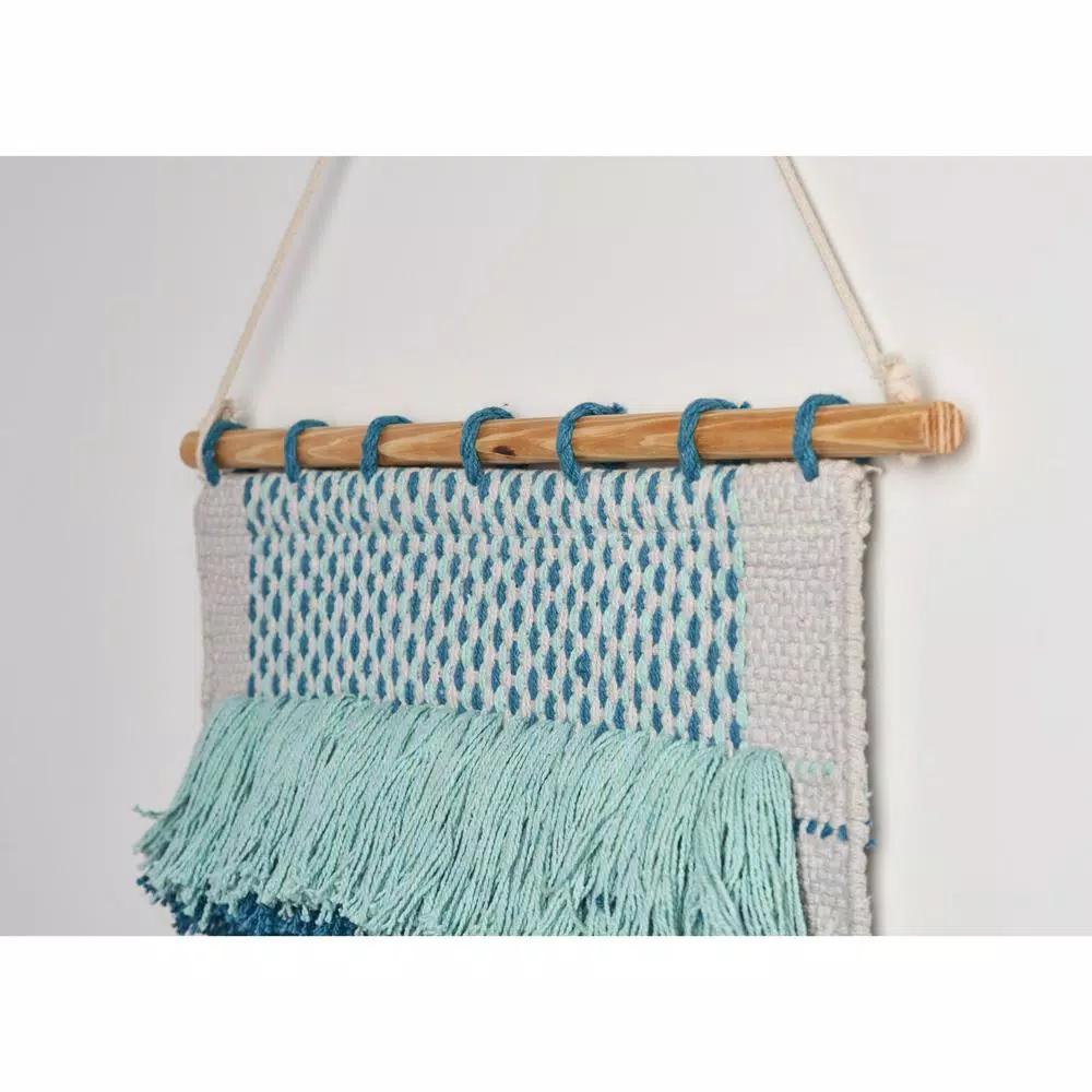 LR Home Coast Gray & Teal Fringed Tufted Cotton Wall Tapestry - Bohemian Coastal Wall Hanging