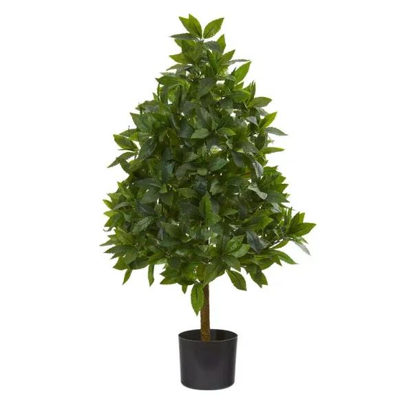 Nearly Natural 3 ft. Sweet Bay Cone Topiary Artificial Tree with Planter