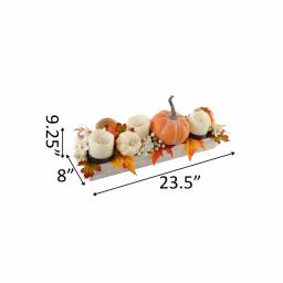 Flora Bunda 23 in. Fall Harvest Wood Ledge Pumpkin Arrangement Centerpiece Candle Holder with Berries and Leaves thumbnail 2