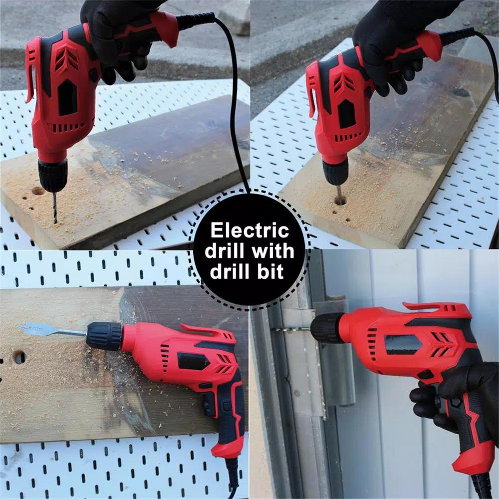 Boyel Living 5 Amp Corded 3/8 in. Power Drill Driver, Reversible with Lock-On Button, Red