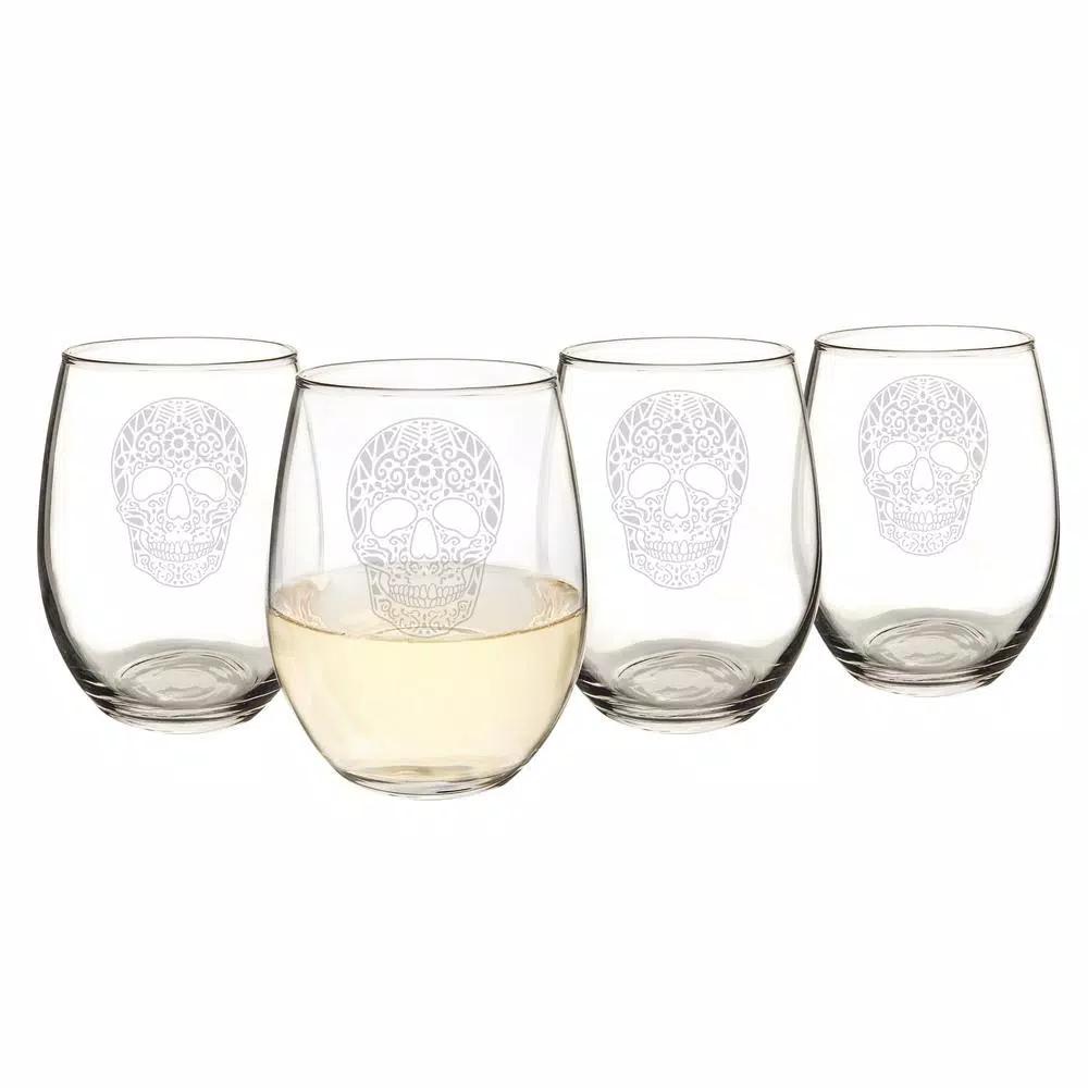 Cathy's Concepts Sugar Skull 21 oz. Stemless Wine Glasses, Set of 4, Clear Glass