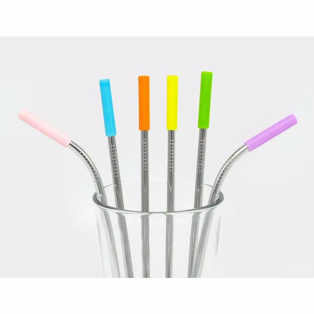 ExcelSteel 14-Piece Stainless Steel Reusable Straw Set with Pastel Silicone Tips - 8 Straight & 4 Curved