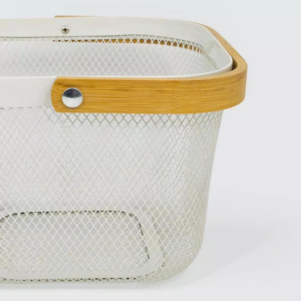 ExcelSteel Excel Steel White Fruit Basket with Wooden Handle and Iron Powdered Coating