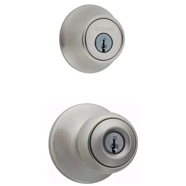 Kwikset Polo Satin Nickel Entry Door Knob and Single Cylinder Deadbolt Combo Pack with Microban