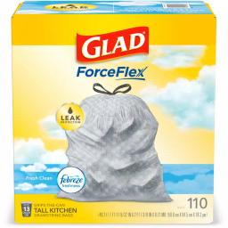 Glad ForceFlex 13 Gallon Tall Kitchen Drawstring Trash Bags, Fresh Clean Scent with Febreze, 110 Count thumbnail 1