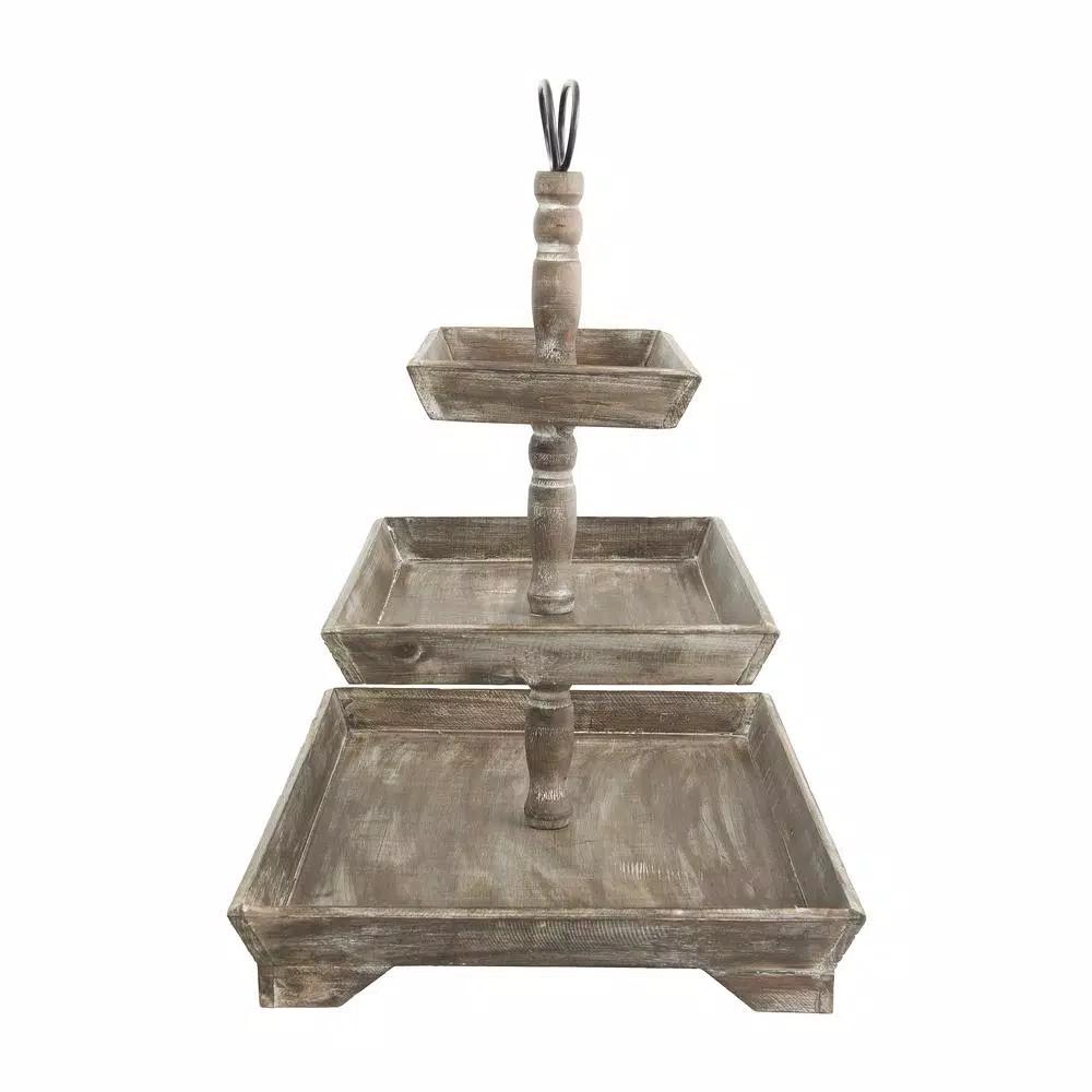 3R Studios Rustic Brown 3-Tier Decorative Tray with Metal and Fir Wood Construction