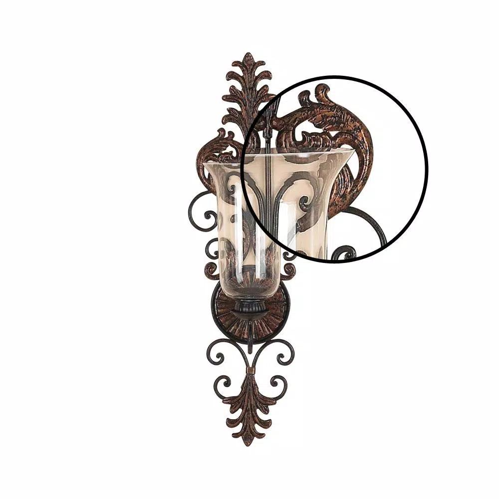 LITTON LANE Antique Gold Flourished Iron Candle Sconce with Clear Glass Hurricane Shade