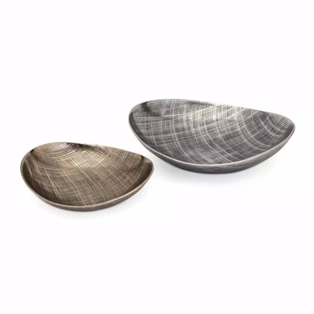 IMAX Ian Aluminum Decorative Trays, Set of 2, Gold Metal Round Trays with Crosshatch Detail