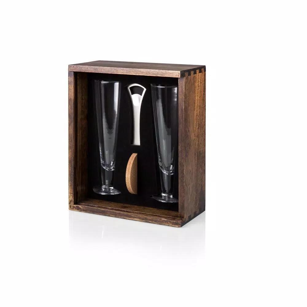 Legacy Pilsner Beer Gift Set with Acacia Wood Case, 2 Glasses, Cork Coasters, and Bottle Opener