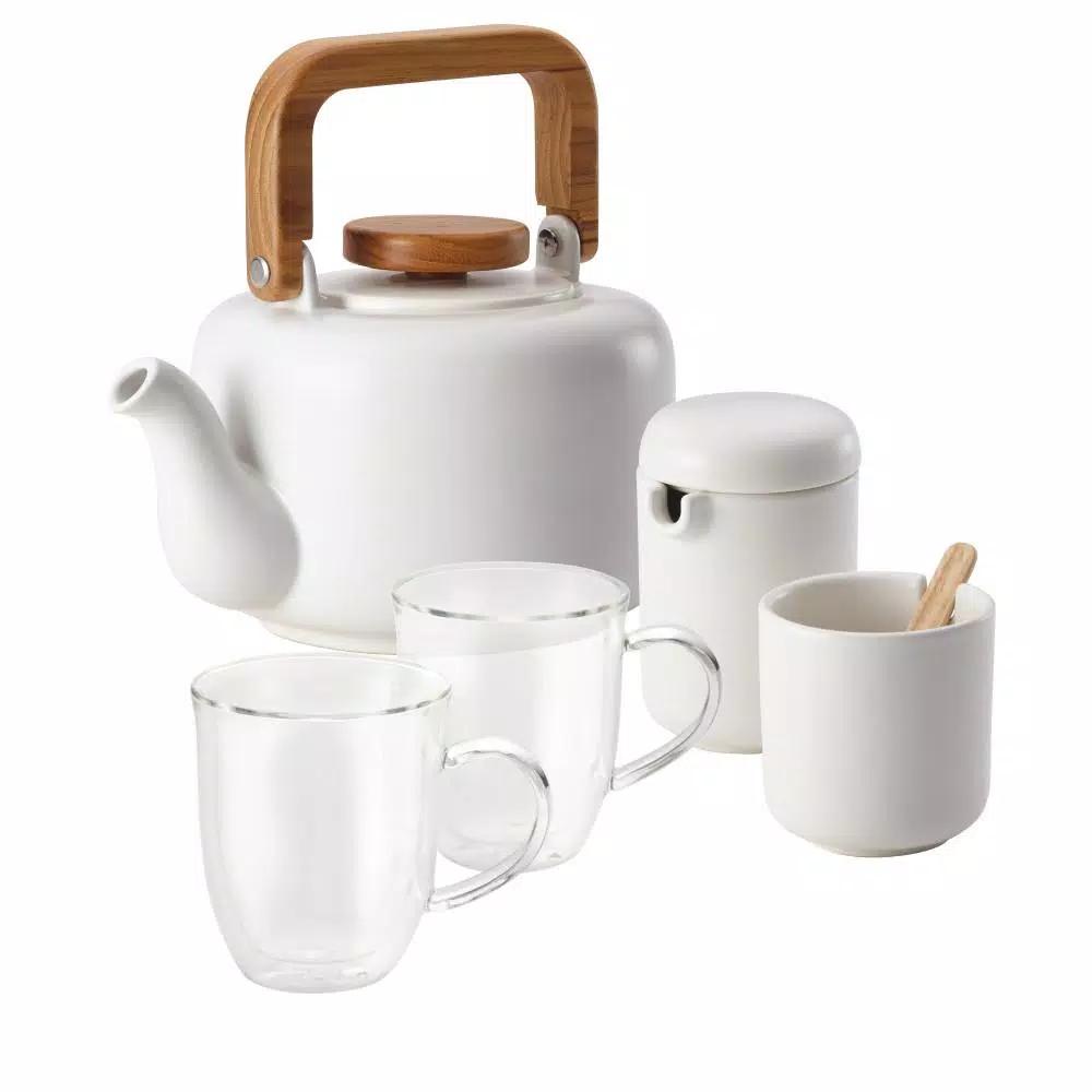 BonJour 5-Piece Ceramic Teapot Set with Teak Wood Accents, Matte White
