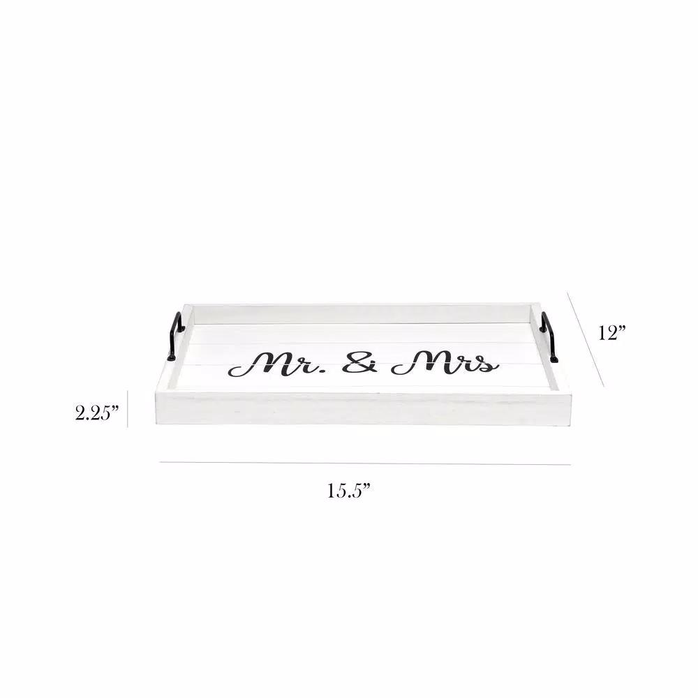 Elegant Designs White Wash Wooden Decorative Serving Tray with Black Metal Handles - Mr. and Mrs. Farmhouse Style