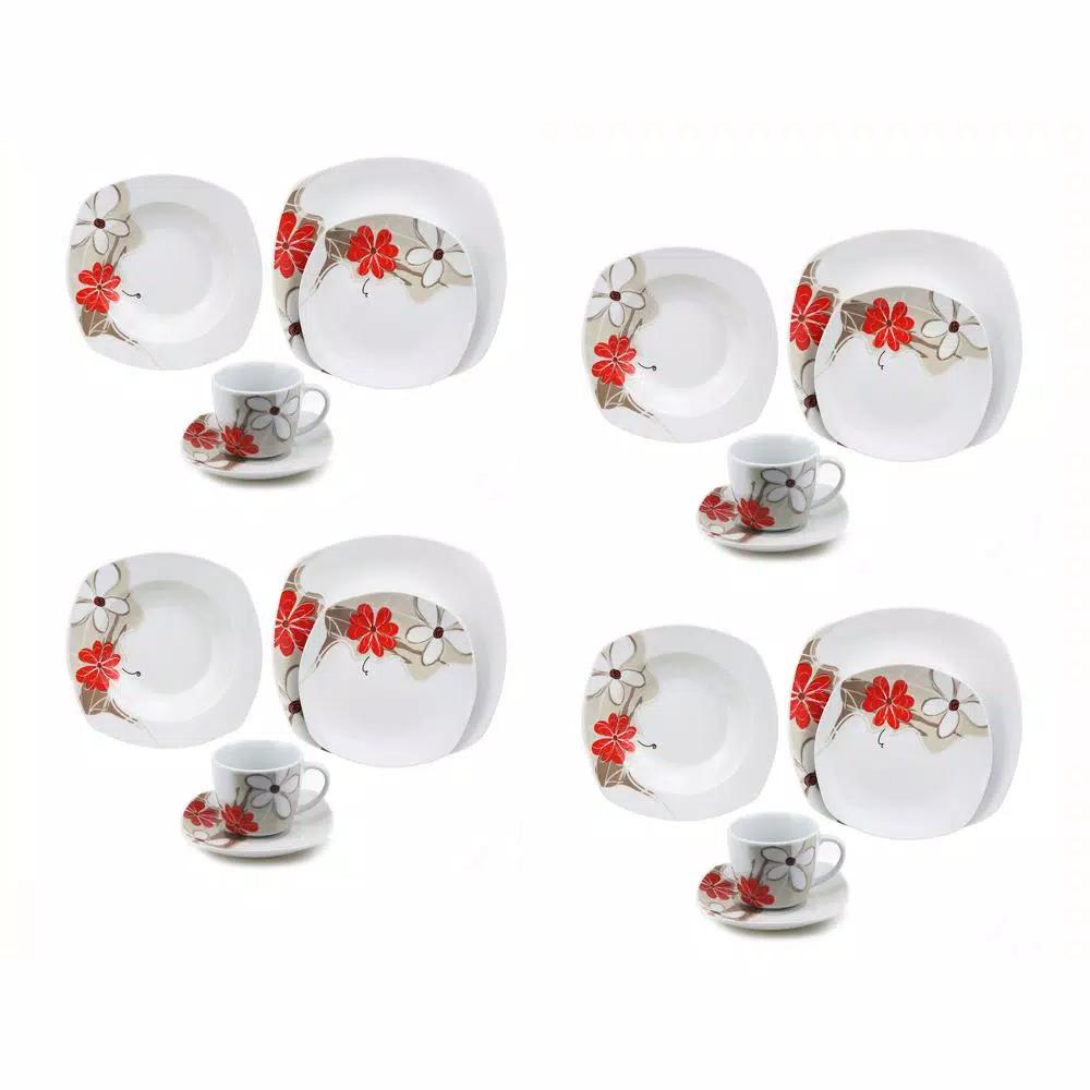 Lorren Home Trends 16-Piece Square Porcelain Dinnerware Set, Red and Tan Floral Design, Service for 4