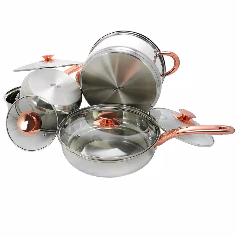 Sunbeam Ansonville 8-Piece Stainless Steel Cookware Set with Rose Gold Accents