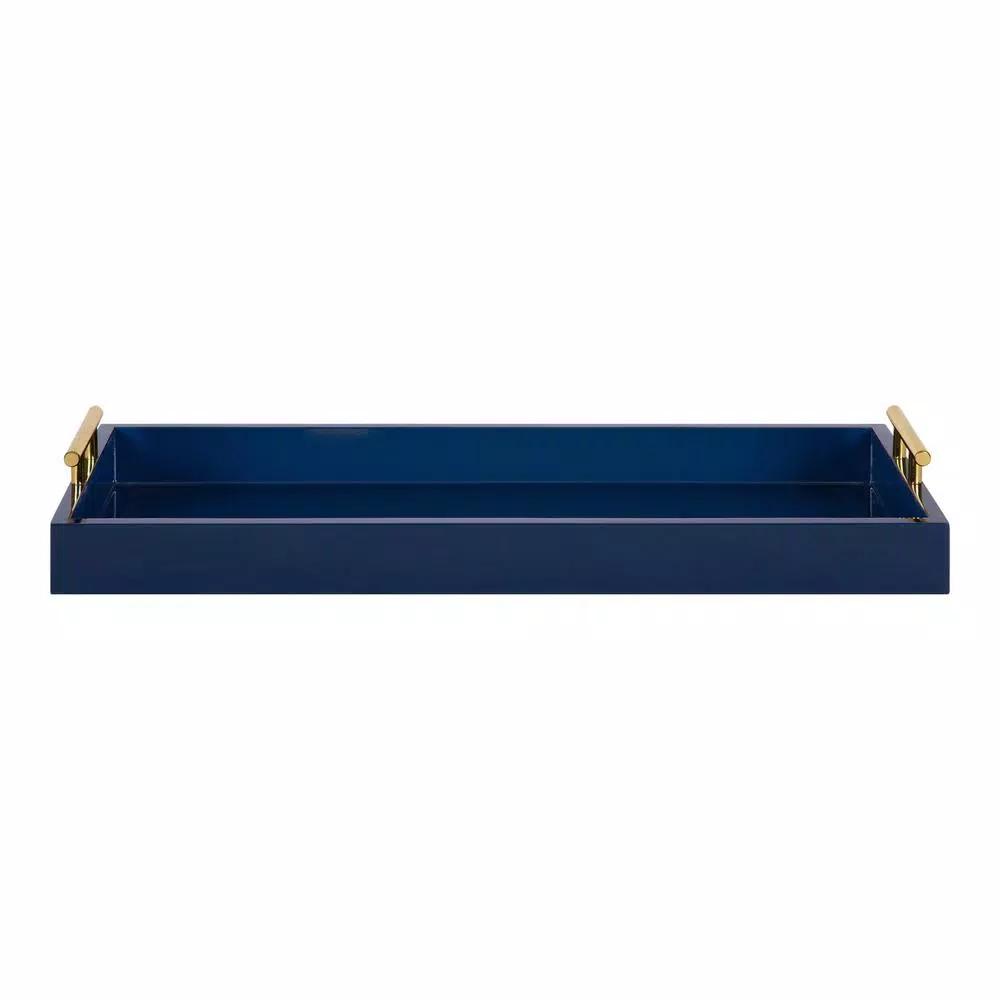 Kate and Laurel Lipton Navy Blue Decorative Rectangular Tray with Polished Metal Handles