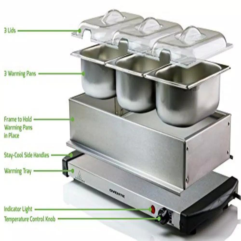 Ovente FW153W 3-Tray Buffet Server with Stand-Alone Warming Tray, Stainless Steel