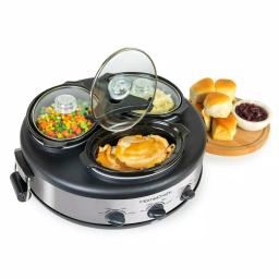 HomeCraft Triple 1.5 qt. Stainless Steel Slow Cooker Buffet Server with 3 Ceramic Pots thumbnail 2