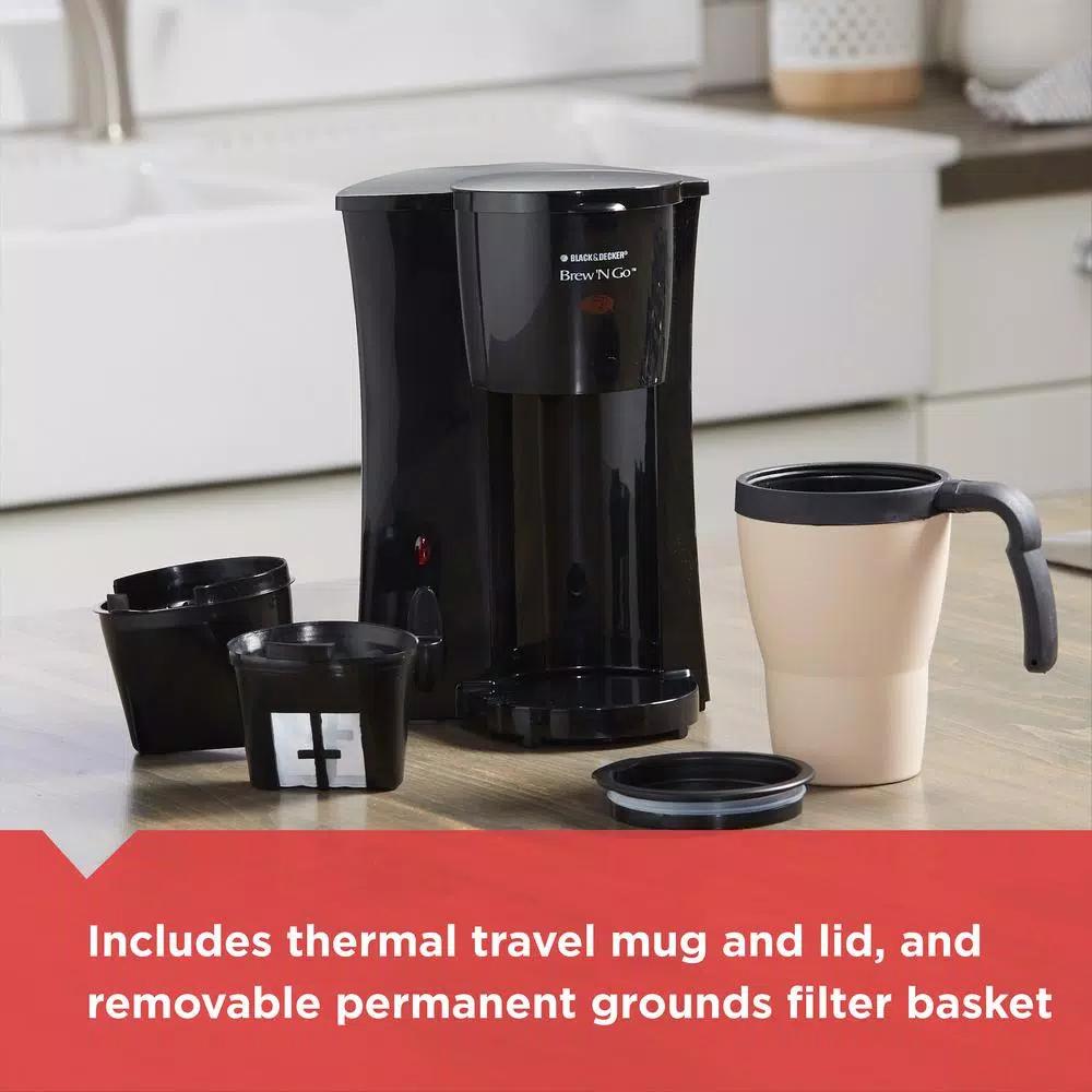 BLACK+DECKER Brew'n Go Single Serve Coffee Maker with 15 oz. Thermal Travel Mug, Black