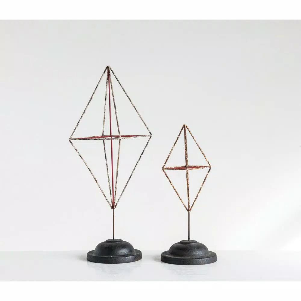 3R Studios Diamond Shaped Metal Figurine Set of 2, Distressed Red Geometric Sculptures
