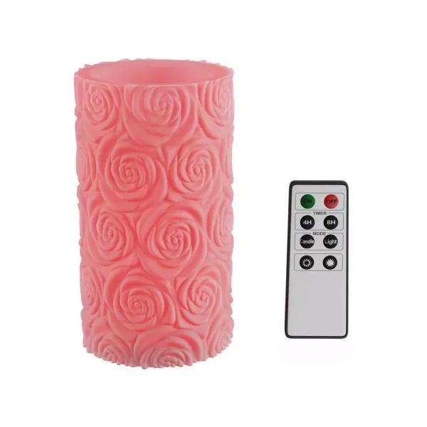 Lavish Home Rose Embossed LED Flameless Candle with Remote Control, Pink Real Wax
