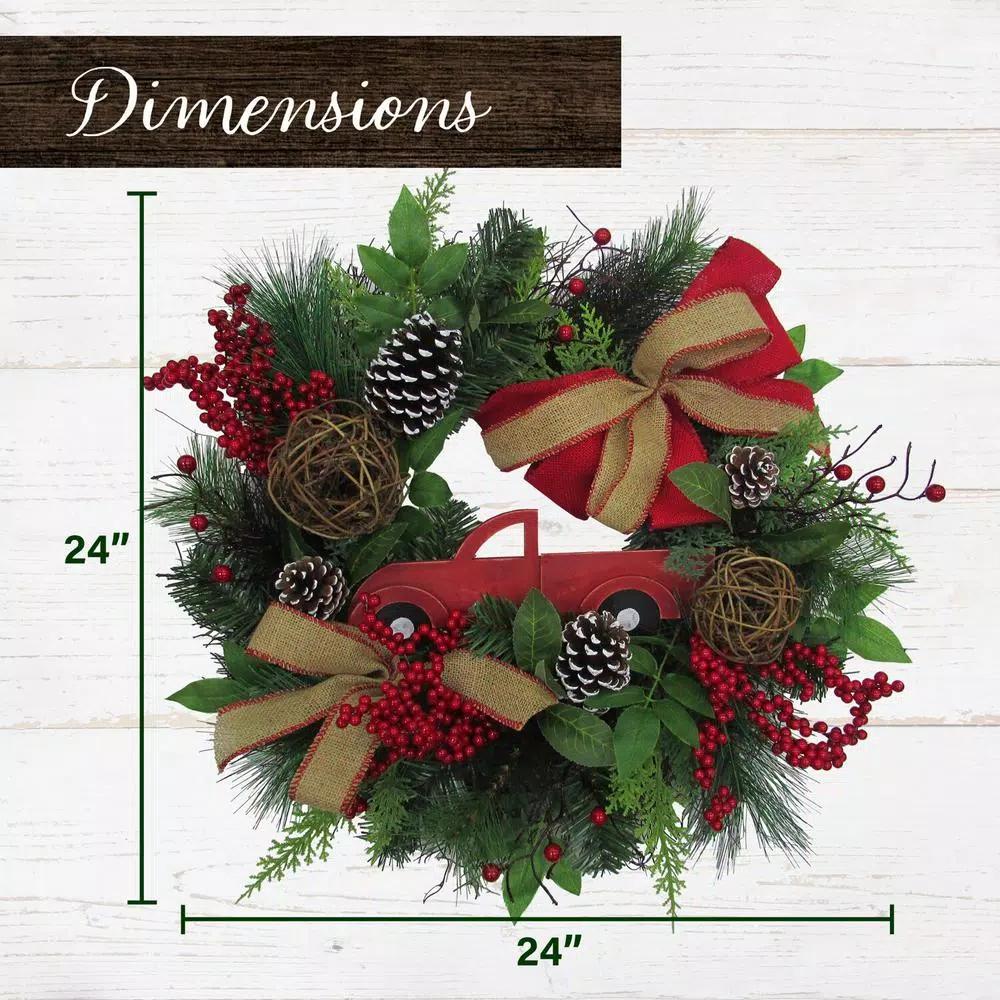 Fraser Hill Farm 24 in. Artificial Christmas Wreath with Pinecones, Burlap Bows and Wooden Truck