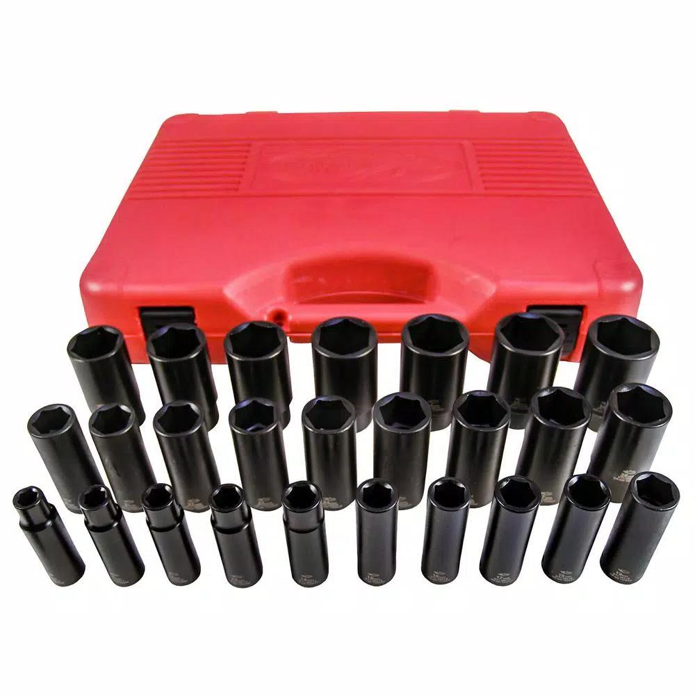 K Tool International 26-Piece 1/2 in. Drive Metric Deep Impact Socket Set, Chrome-Moly Steel