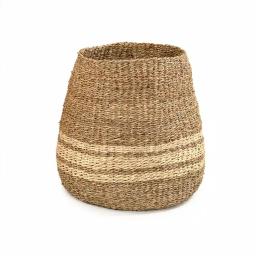 Zentique Hand Woven Seagrass and Palm Leaf Decorative Basket with Beige Stripes, Medium thumbnail 2