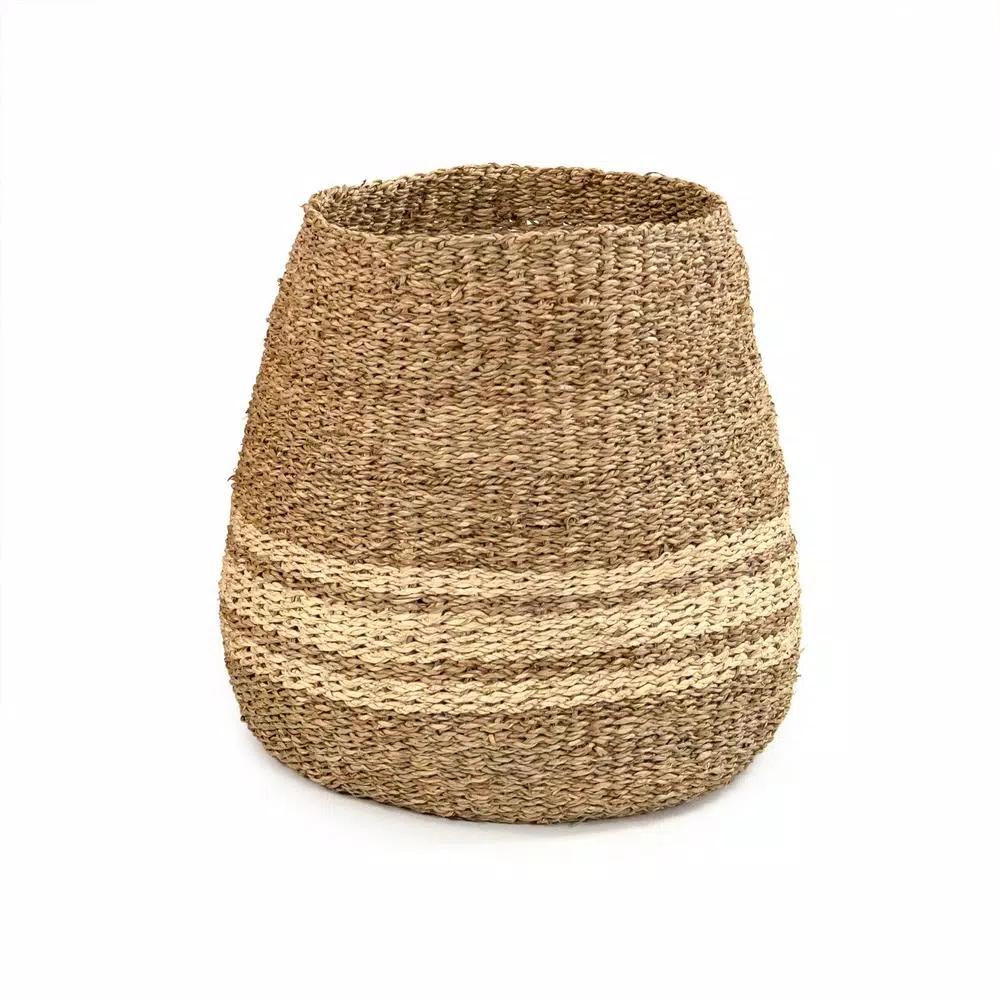 Zentique Hand Woven Seagrass and Palm Leaf Decorative Basket with Beige Stripes, Medium