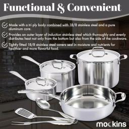 Mockins 10-Piece Tri-Ply Stainless Steel Cookware Set with Lids and Utensils thumbnail 3