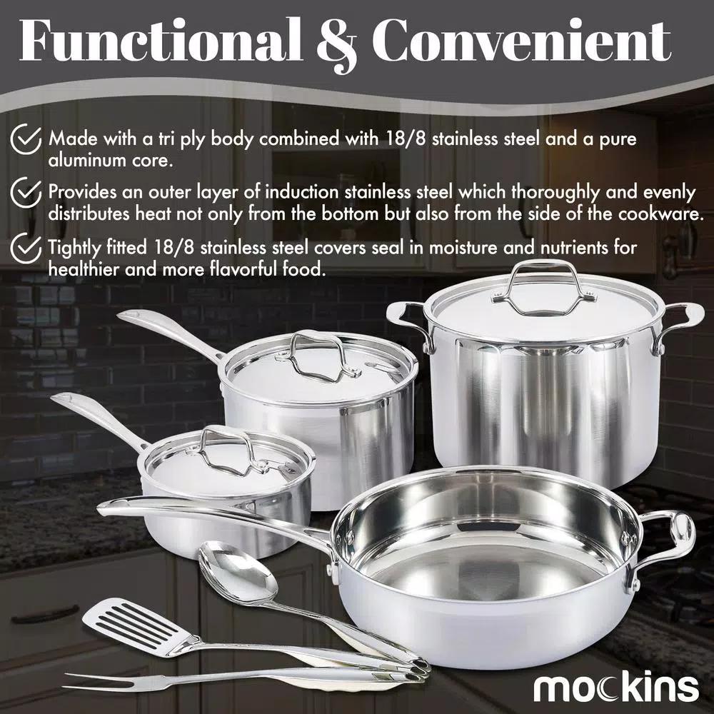 Mockins 10-Piece Tri-Ply Stainless Steel Cookware Set with Lids and Utensils