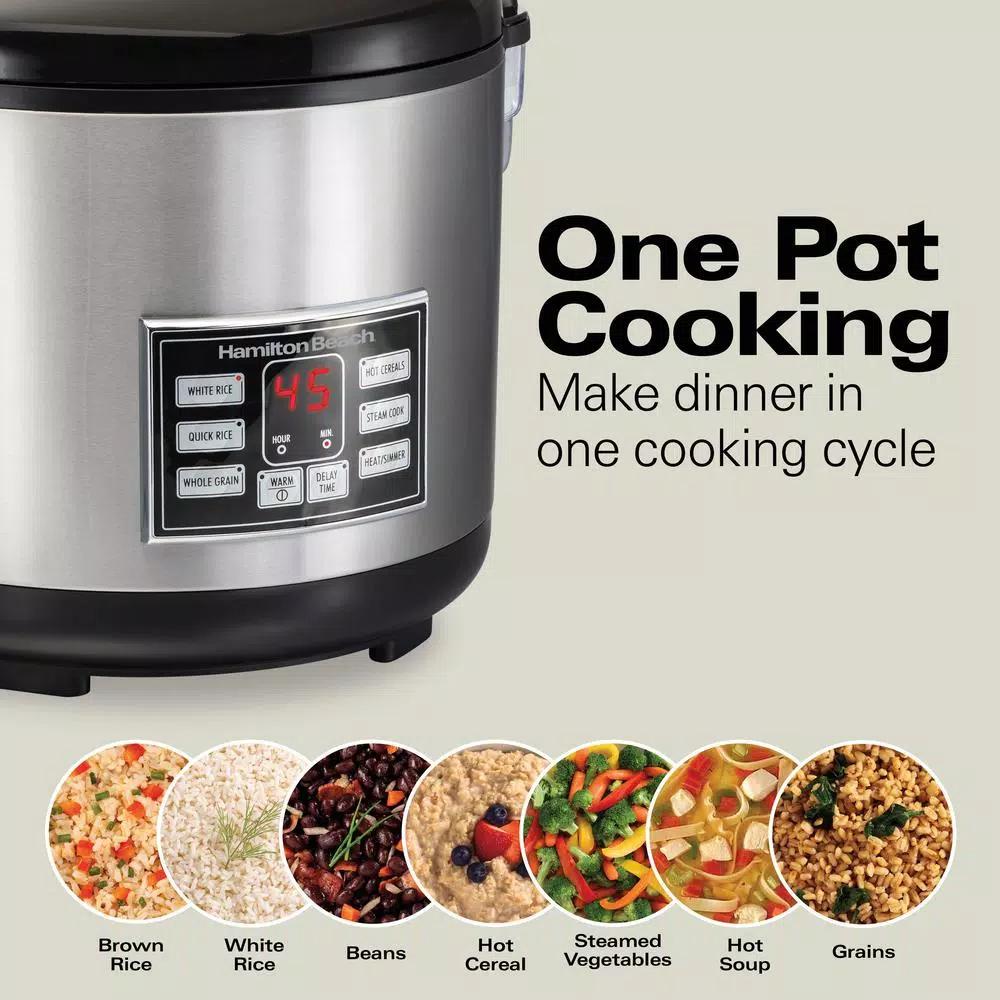 Hamilton Beach 20-Cup Stainless Steel Rice and Hot Cereal Cooker with Rice Rinser and Steam Basket