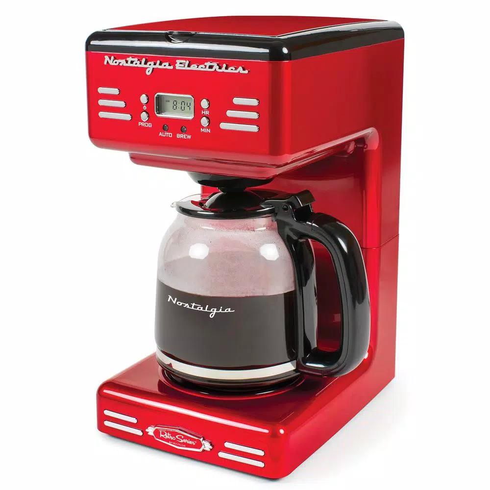 Nostalgia 12-Cup Red Programmable Drip Coffee Maker with Keep Warm Function and LED Display