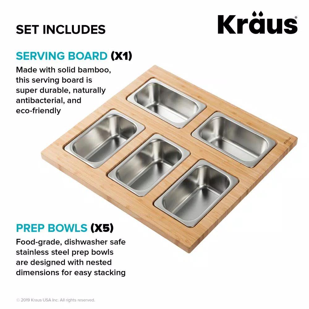 KRAUS 16.75 in. Workstation Sink Accessory Set with Bamboo Board, Stainless Steel Mixing Bowl and Colander