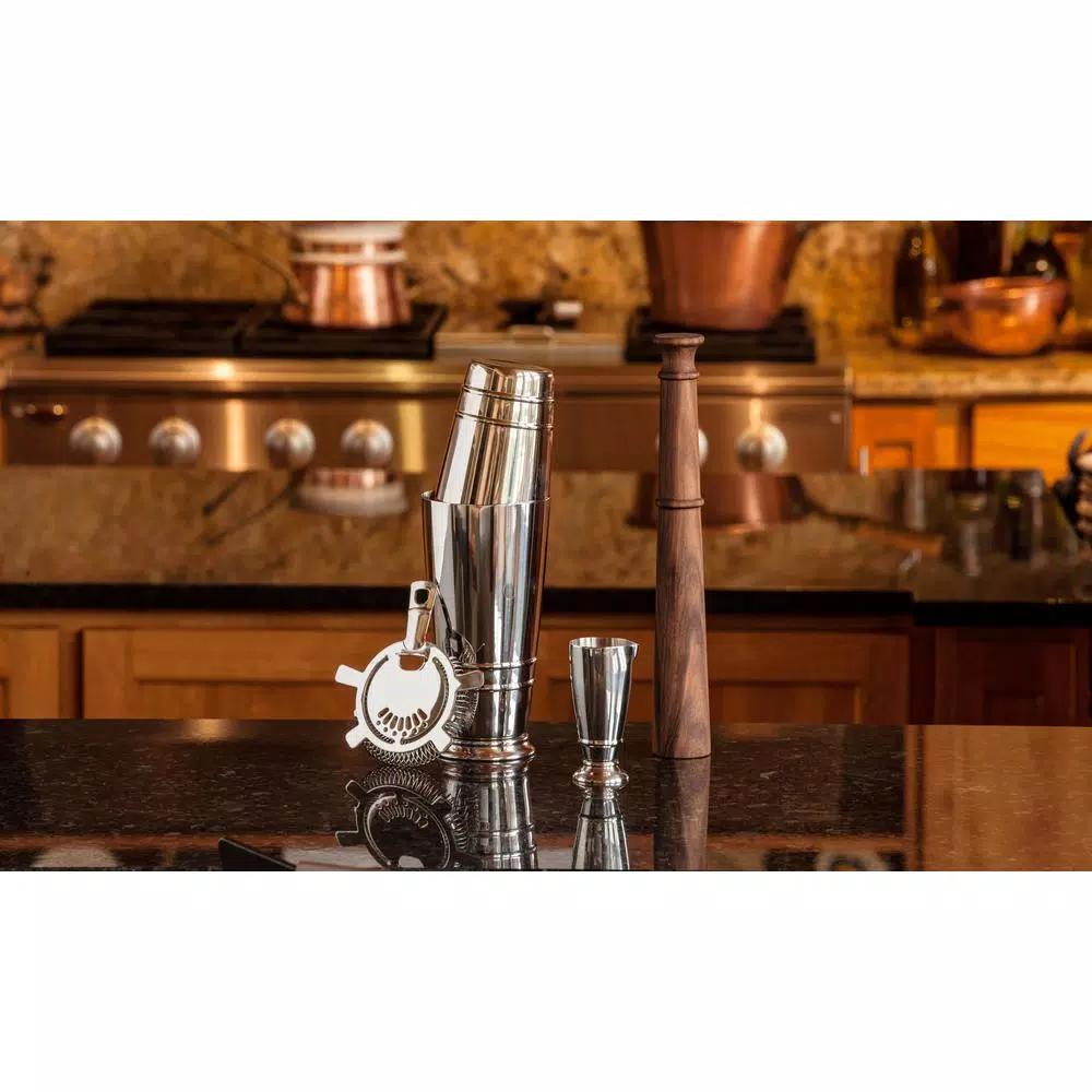 Fortessa CraftHouse by Fortessa 4-Piece Stainless Steel Cocktail Shaker Set with Black Walnut Muddler