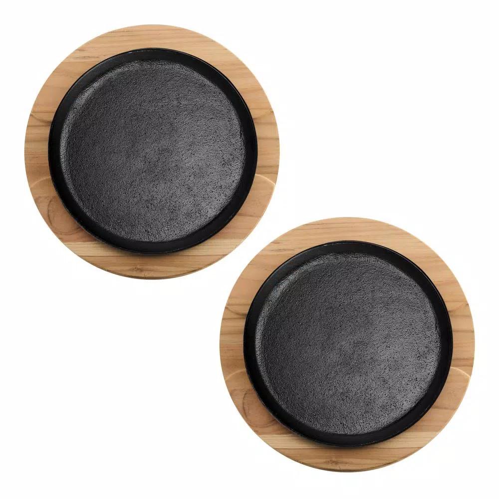 Tramontina Churrasco 9 in. Cast Iron Sizzle and Serve Pan with Teakwood Trivet, 4-Pack