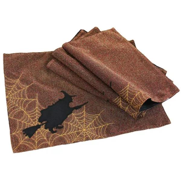 Xia Home Fashions Witching Hour Halloween Placemats, Set of 4, Black Witch Silhouette & Gold Spider Web Design