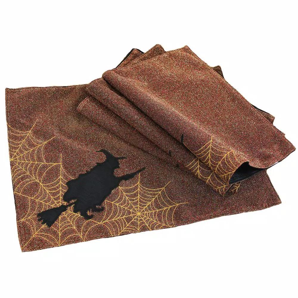 Xia Home Fashions Witching Hour Halloween Placemats, Set of 4, Black Witch Silhouette & Gold Spider Web Design