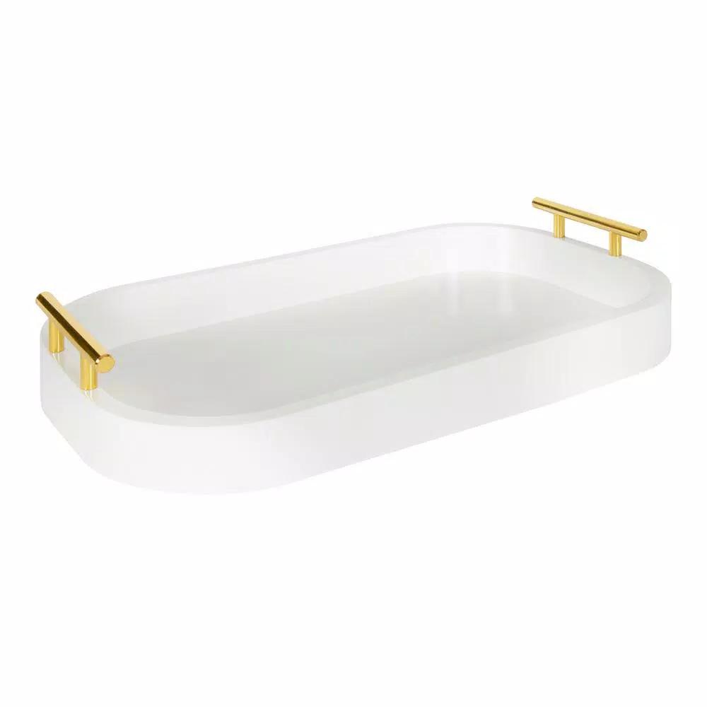 Kate and Laurel Lipton White Decorative Wood Tray with Gold Metal Handles