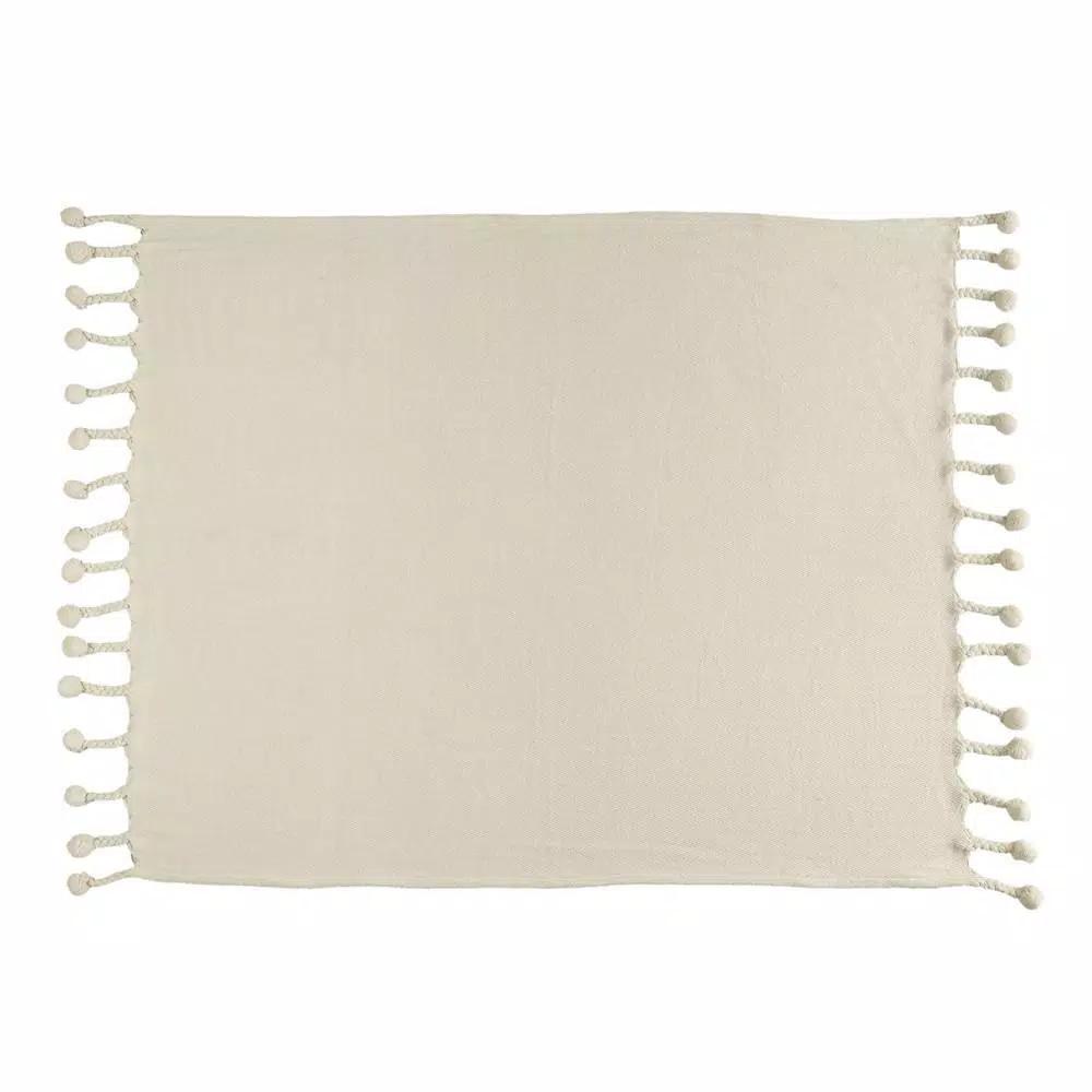 LR Home Cream Cotton Chevron & Herringbone Embroidered Braided Throw Blanket