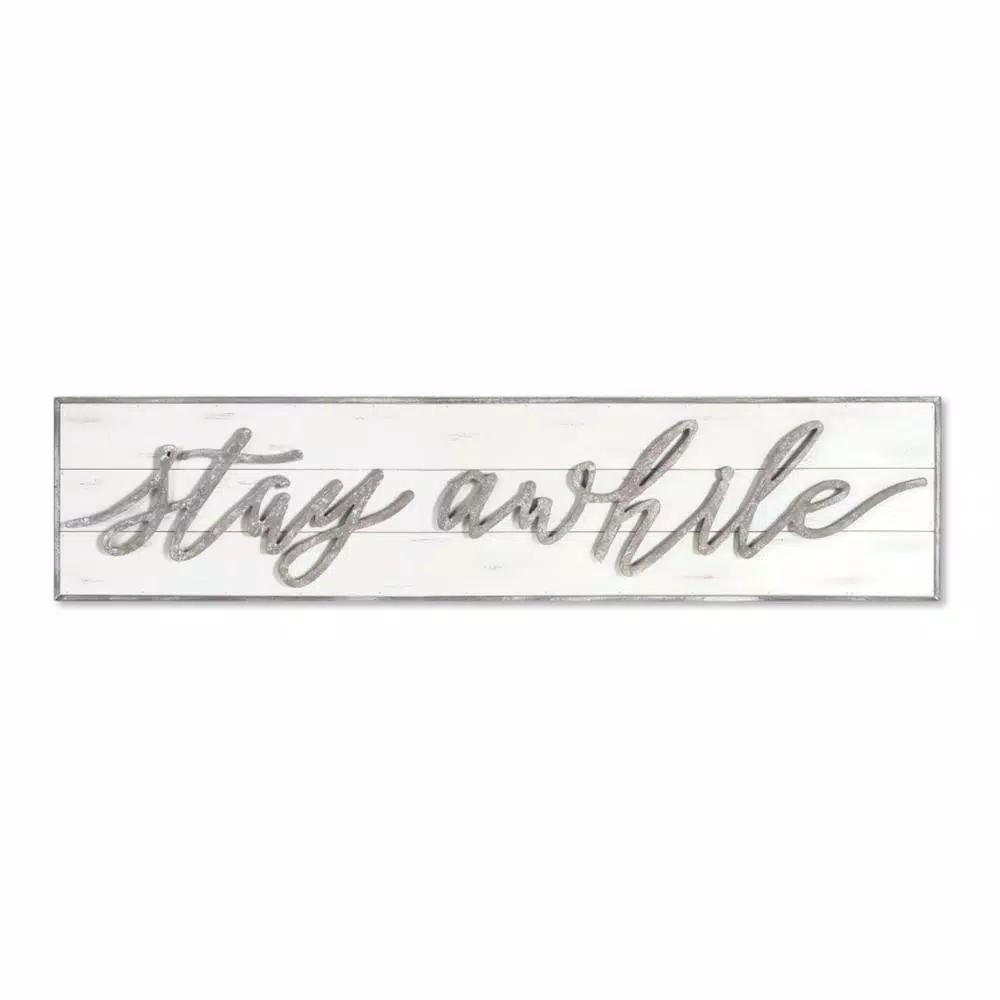 Unbranded Stay Awhile Wood Wall Sign - 48 Inch Weathered White Script Decor
